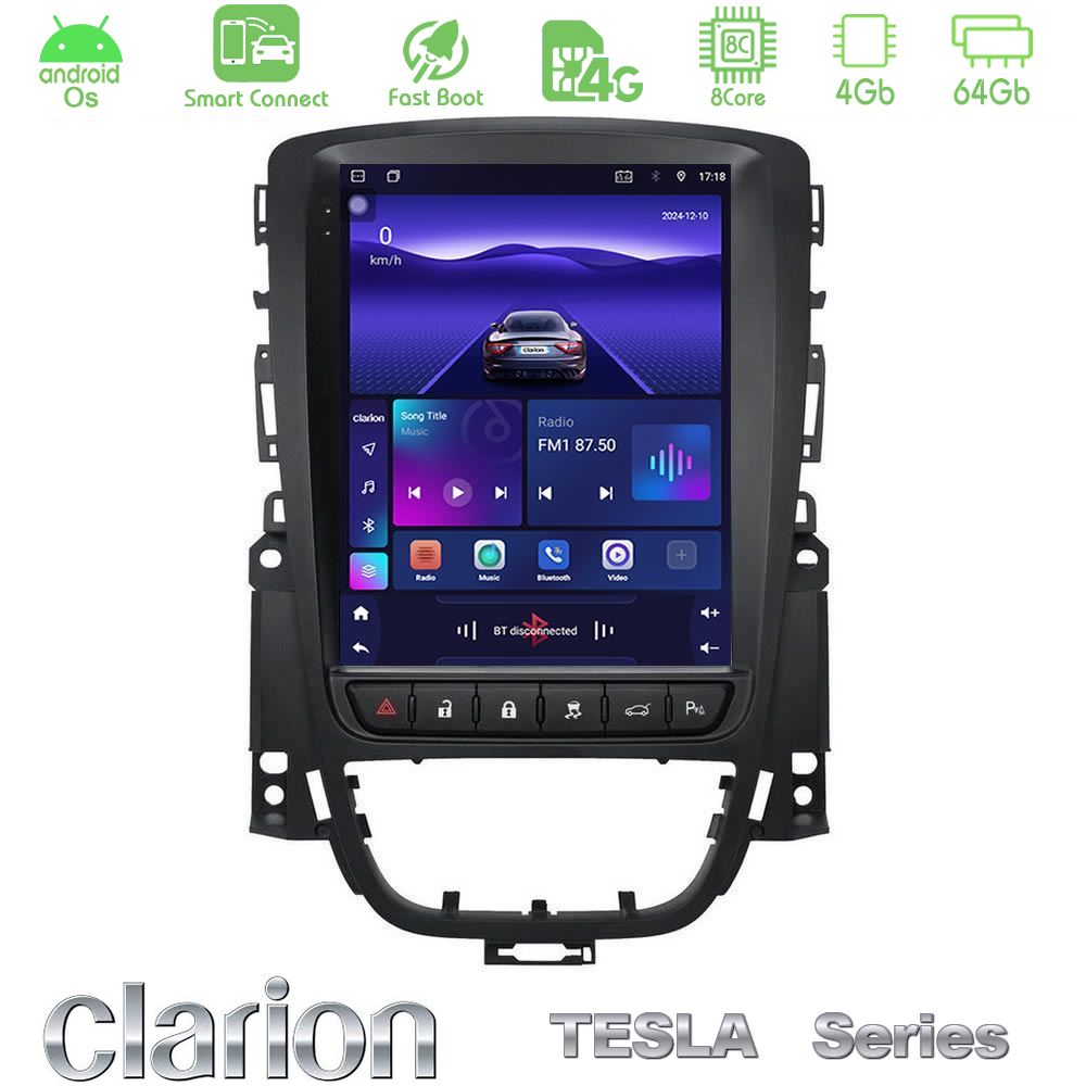 Clarion GL300 Tesla Series Android OS 8Core 4+64GB Opel Astra J 2010-2014 Navigation Multimedia Tablet 9.7"