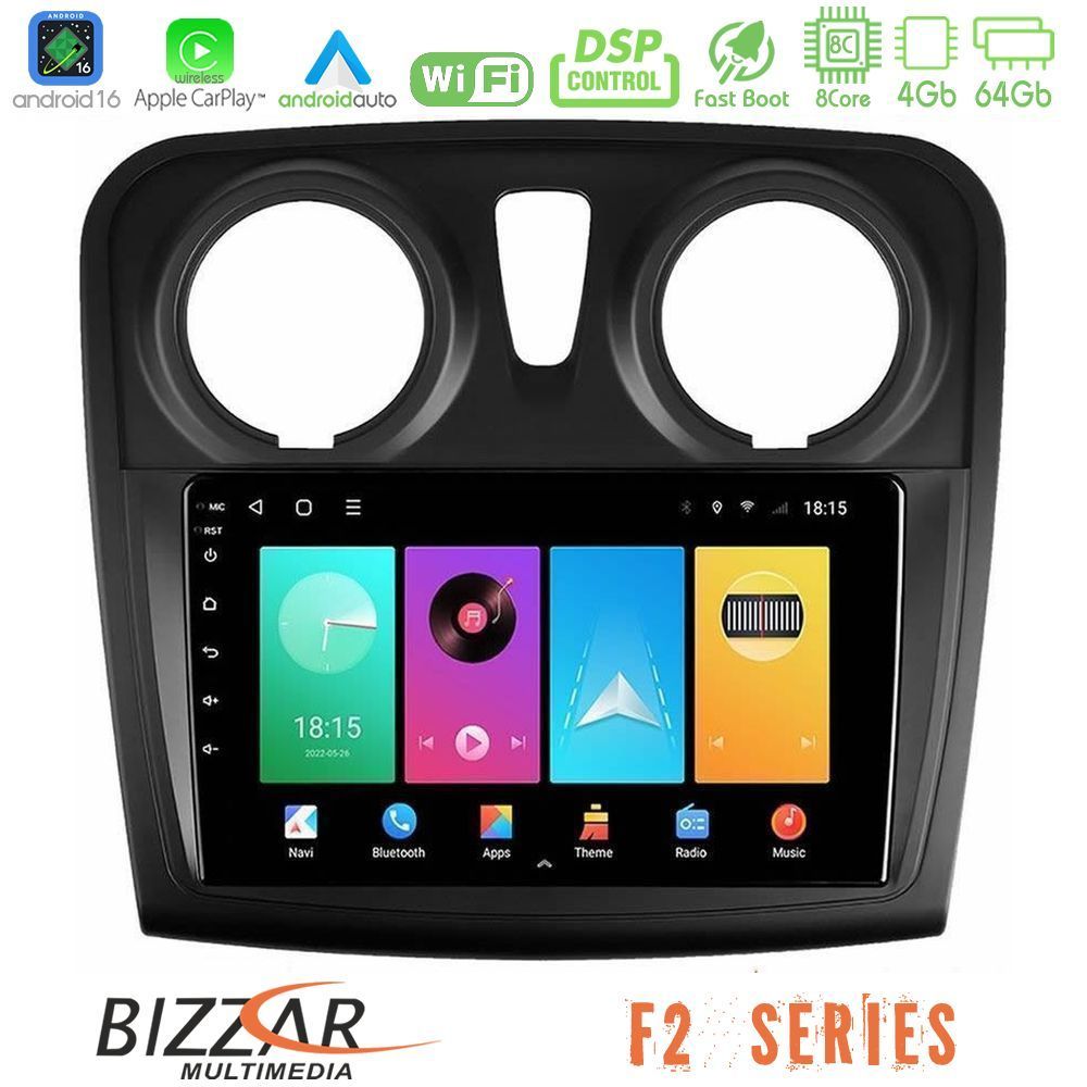 Bizzar F2 Series 8Core Android16 4+64GB Dacia Dokker 2014-2021 Navigation Multimedia Tablet 9"