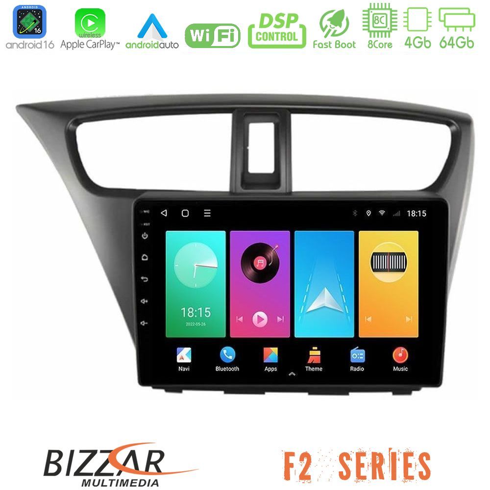 Bizzar F2 Series 8Core Android16 4+64GB  Honda Civic Hatchback 2012-2015 Navigation Multimedia Tablet 9"