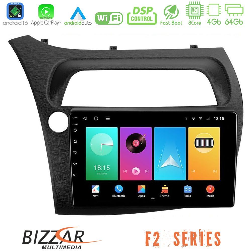 Bizzar F2 Series 8Core Android16 4+64GB Honda Civic Hatchback 2006-2011 Navigation Multimedia Tablet 9"
