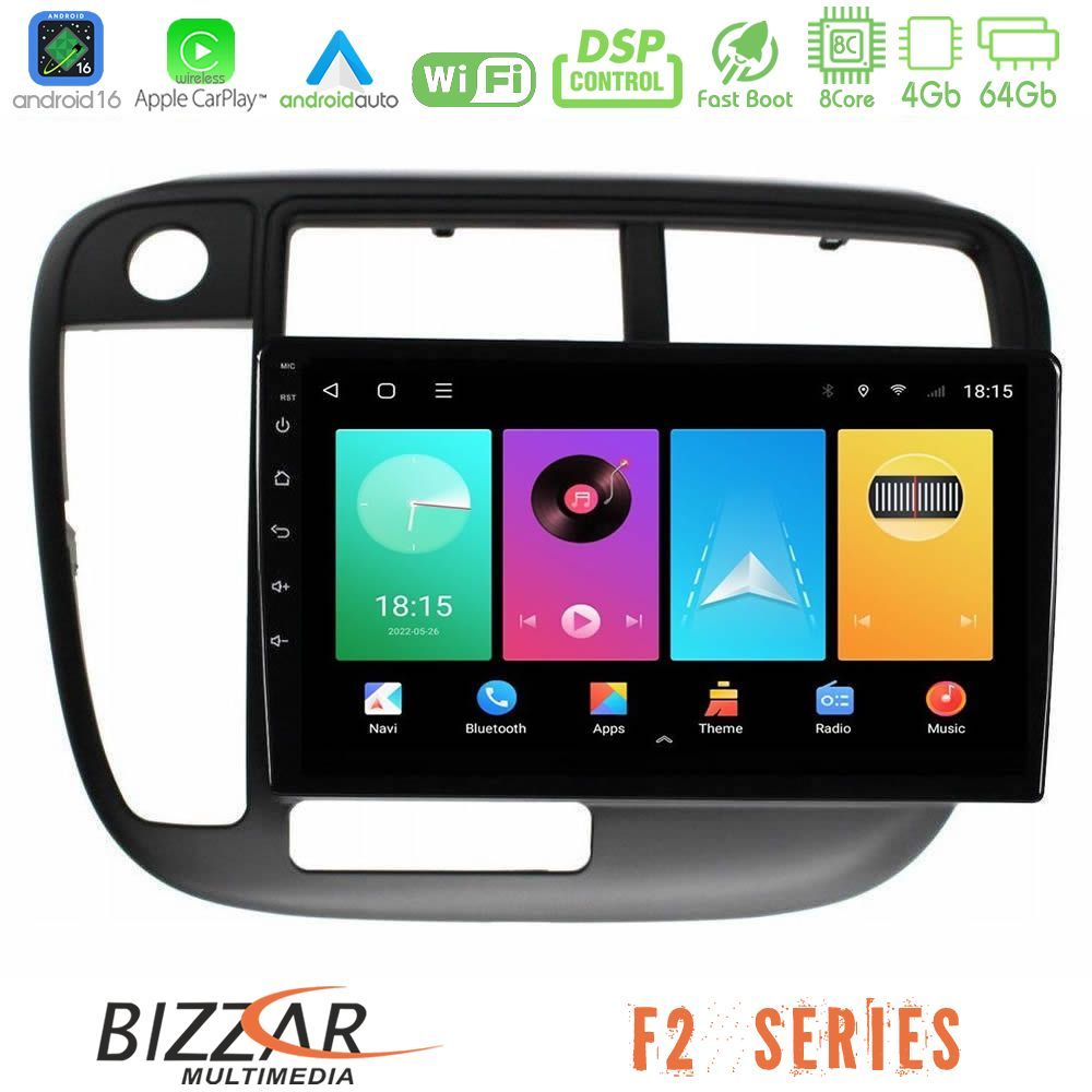 Bizzar F2 Series 8Core Android16 4+64GB Honda Civic 1995-2001 Navigation Multimedia Tablet 9"