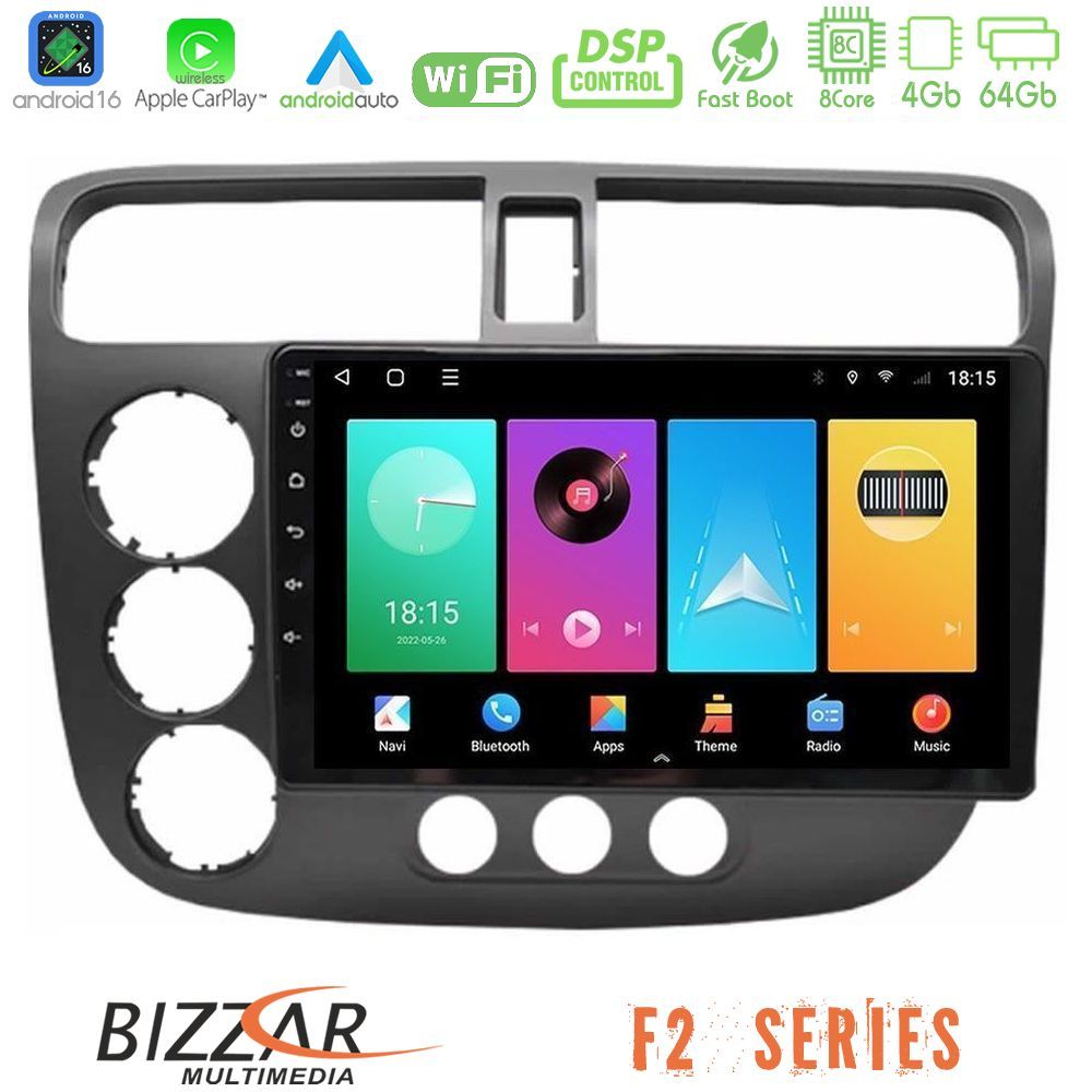 Bizzar F2 Series 8Core Android16 4+64GB  Honda Civic 2001-2005 Navigation Multimedia Tablet 9"