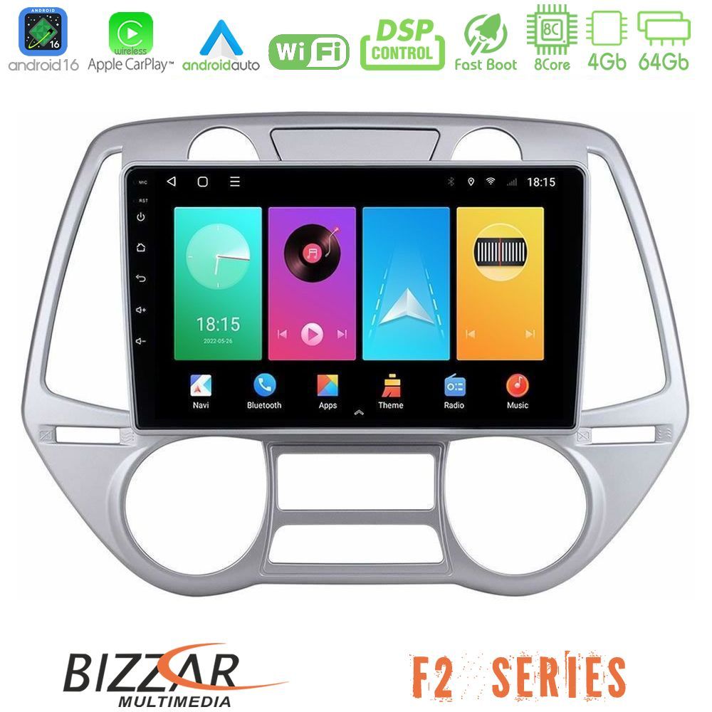 Bizzar F2 Series 8Core Android16 4+64GB Hyundai i20 2009-2012 Auto A/C Navigation Multimedia Tablet 9"