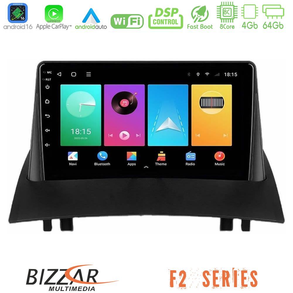 Bizzar F2 Series 8Core Android16 4+64GB Renault Megane 2 2002-2008 Navigation Multimedia Tablet 9"
