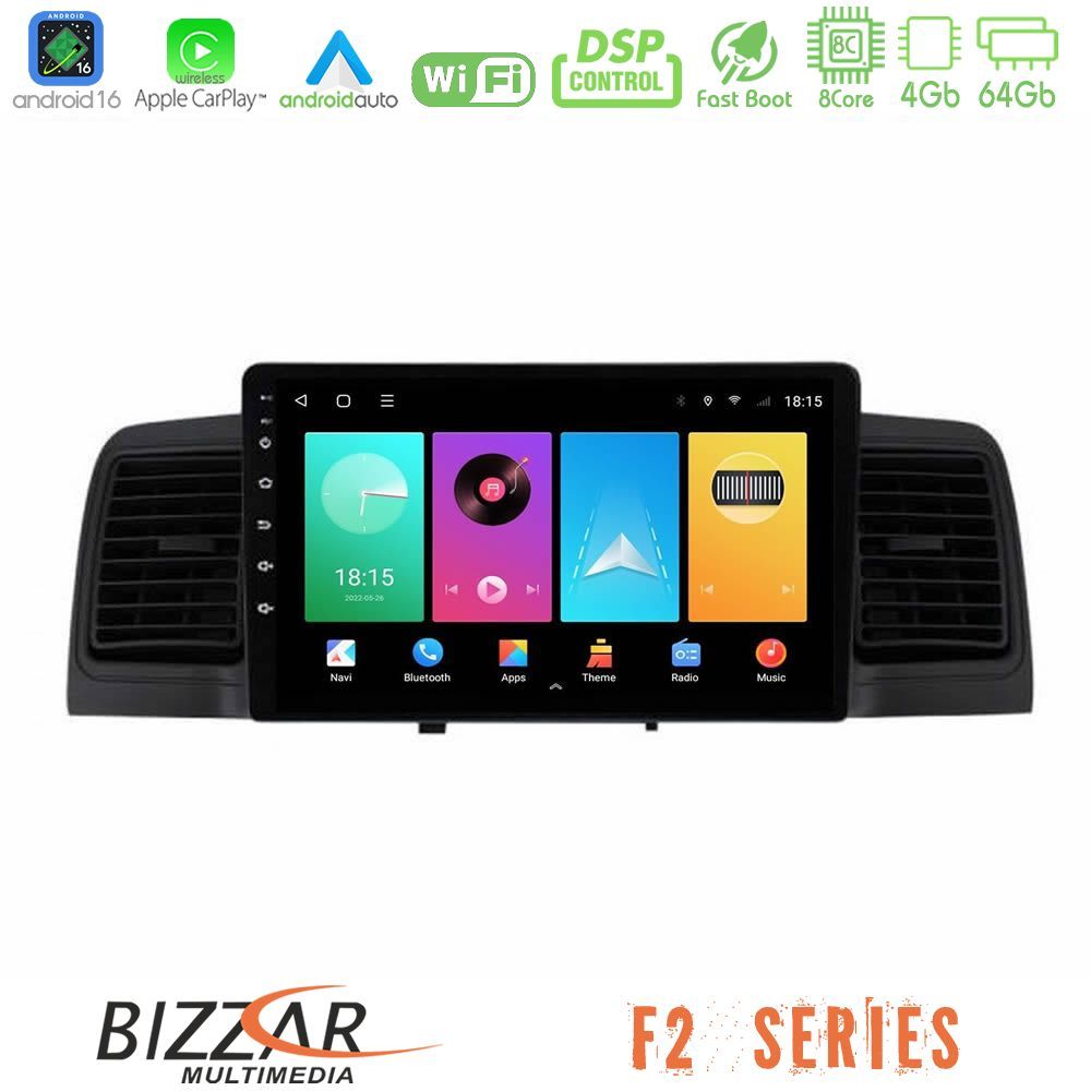 Bizzar F2 Series 8Core Android16 4+64GB  Toyota Corolla 2002-2006 Navigation Multimedia Tablet 9"   (Black)