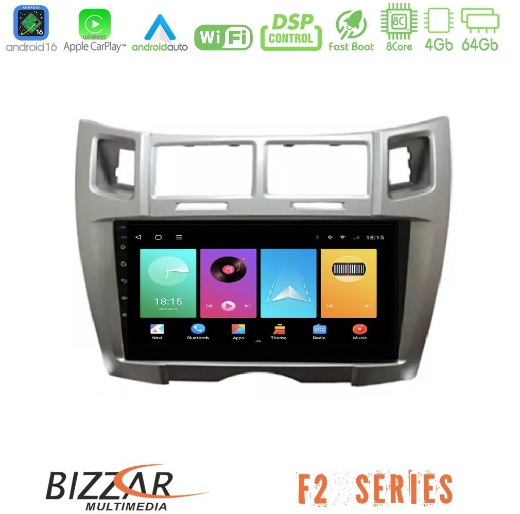 Bizzar F2 Series 8Core Android16 4+64GB  Toyota Yaris Navigation Multimedia Tablet 9" (Ασημί Χρώμα)