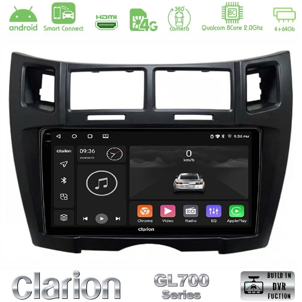 Clarion GL700 Series 8Core Android ClarionOS 4+64GB Toyota Yaris Navigation Multimedia Tablet 9" (Μαύρο Χρώμα) Με Carplay & Android Auto