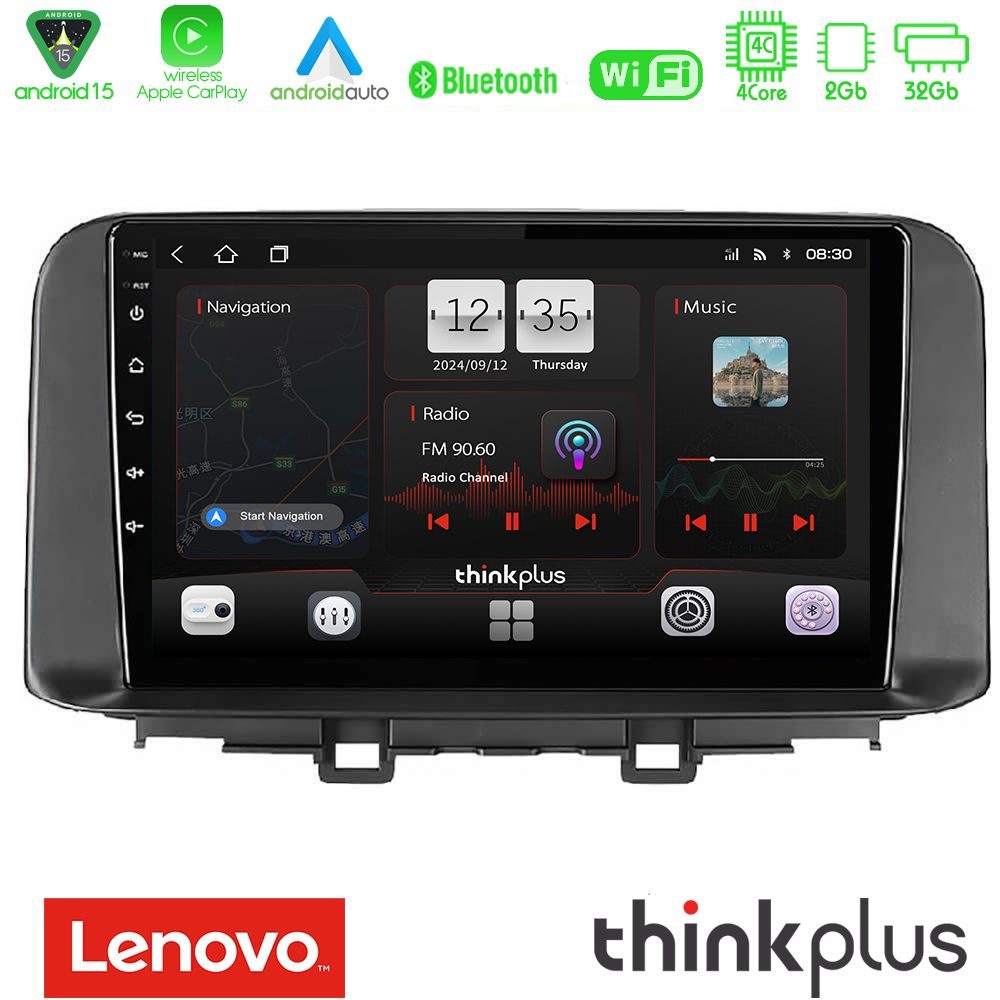 Lenovo Thinkplus Series 4Core Android15 2+32GB  Hyundai Kona 2018-2023 Navigation Multimedia Tablet 10" Με Carplay & Android Auto