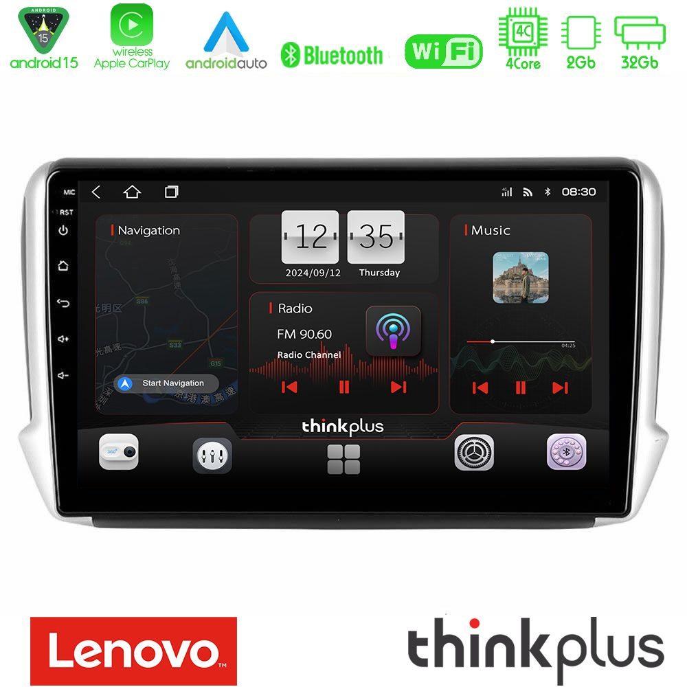 Lenovo Thinkplus Series 4Core Android15 2+32GB Peugeot 208/2008 Navigation Multimedia Tablet 10" Με Carplay & Android Auto