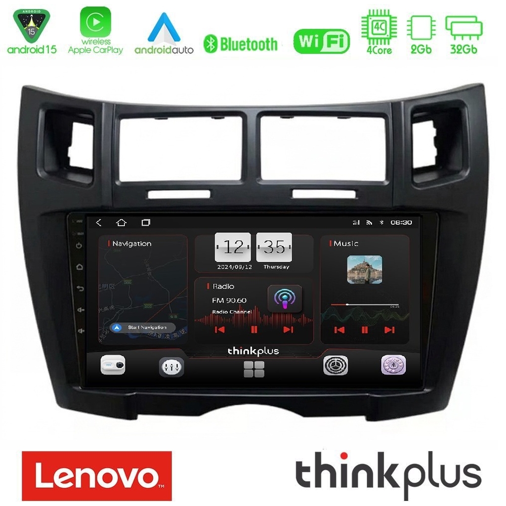 Lenovo Thinkplus Series 4Core Android15 2+32GB Toyota Yaris Navigation Multimedia Tablet 9" (Μαύρο Χρώμα) Με Carplay & Android Auto