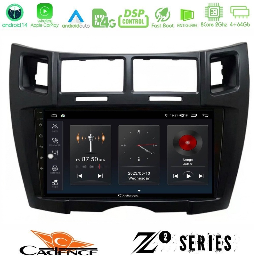 Cadence Z2 Series 8Core Android14 4+64GB  Toyota Yaris Navigation Multimedia Tablet 9" (Μαύρο Χρώμα) Με Carplay & Android Auto