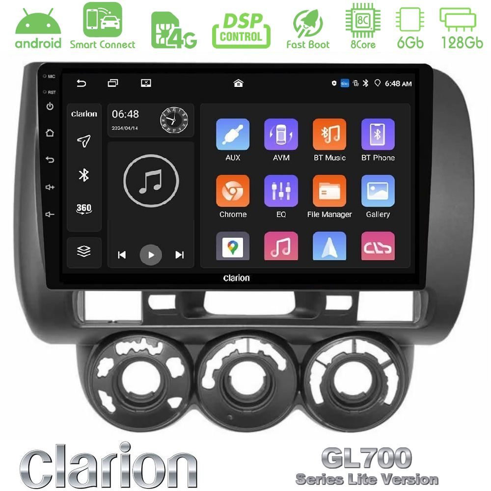 Clarion GL700 Lite Series 8Core Android ClarionOS 6+128GB Honda Jazz (Fit) 2002-2008 (RHD) Manual A/C Navigation Multimedia Tablet 9" Με Carplay & Android Auto