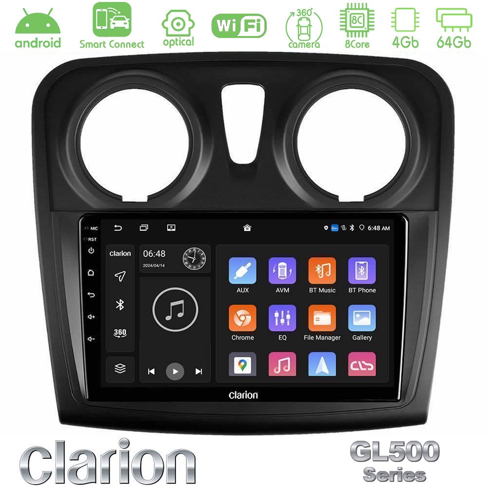 Clarion GL500 Series 8Core Android ClarionOS 4+64GB Dacia Dokker 2014-2021 Navigation Multimedia Tablet 9"