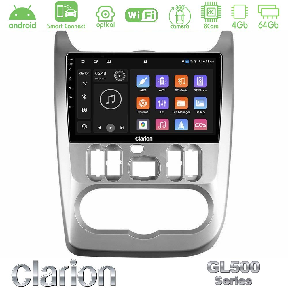 Clarion GL500 Series 8Core Android ClarionOS 4+64GB Dacia Duster/Sandero/Logan Navigation Multimedia Tablet 9"