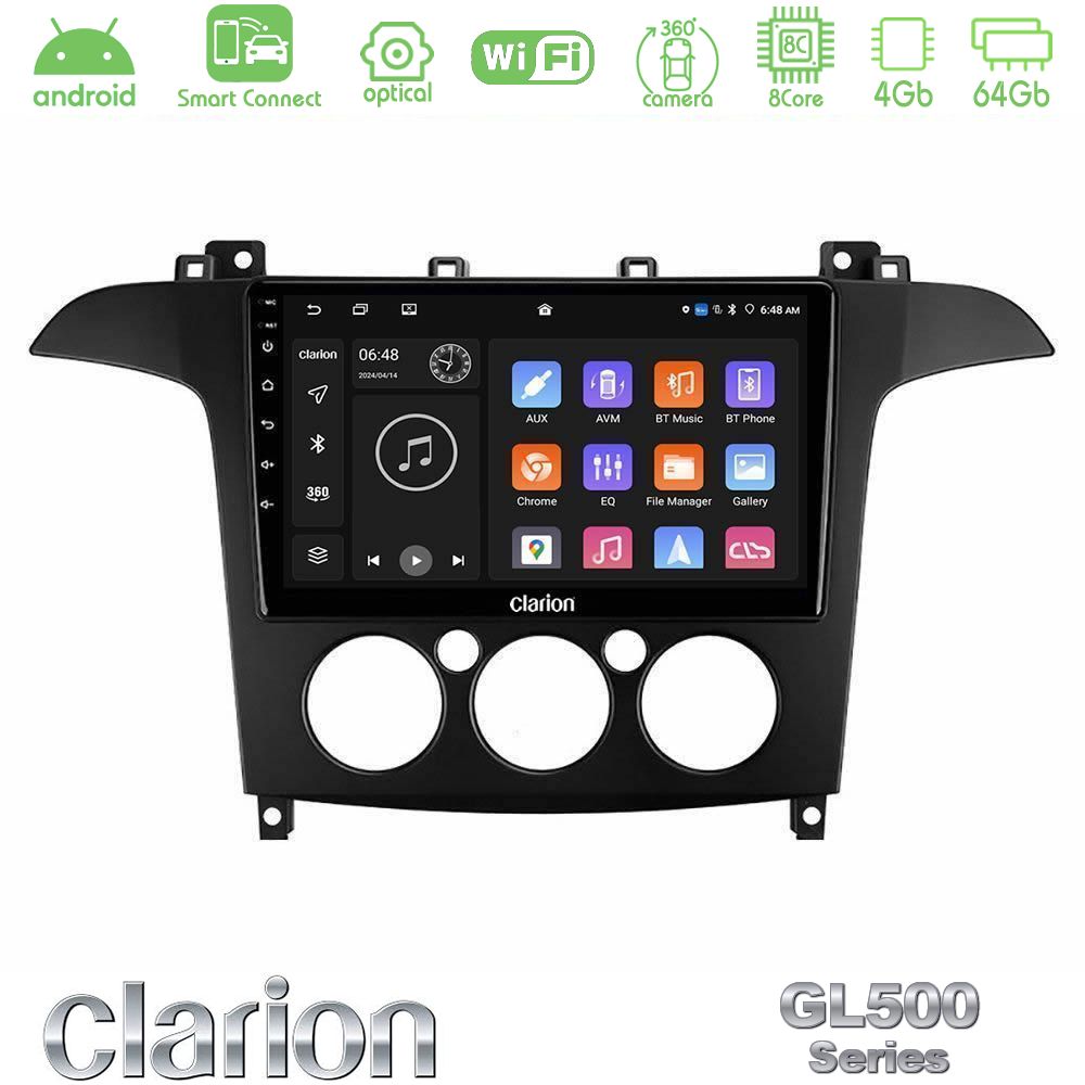 Clarion GL500 Series 8Core Android ClarionOS 4+64GB Ford S-Max 2006-2008 (manual A/C) Navigation Multimedia Tablet 9"