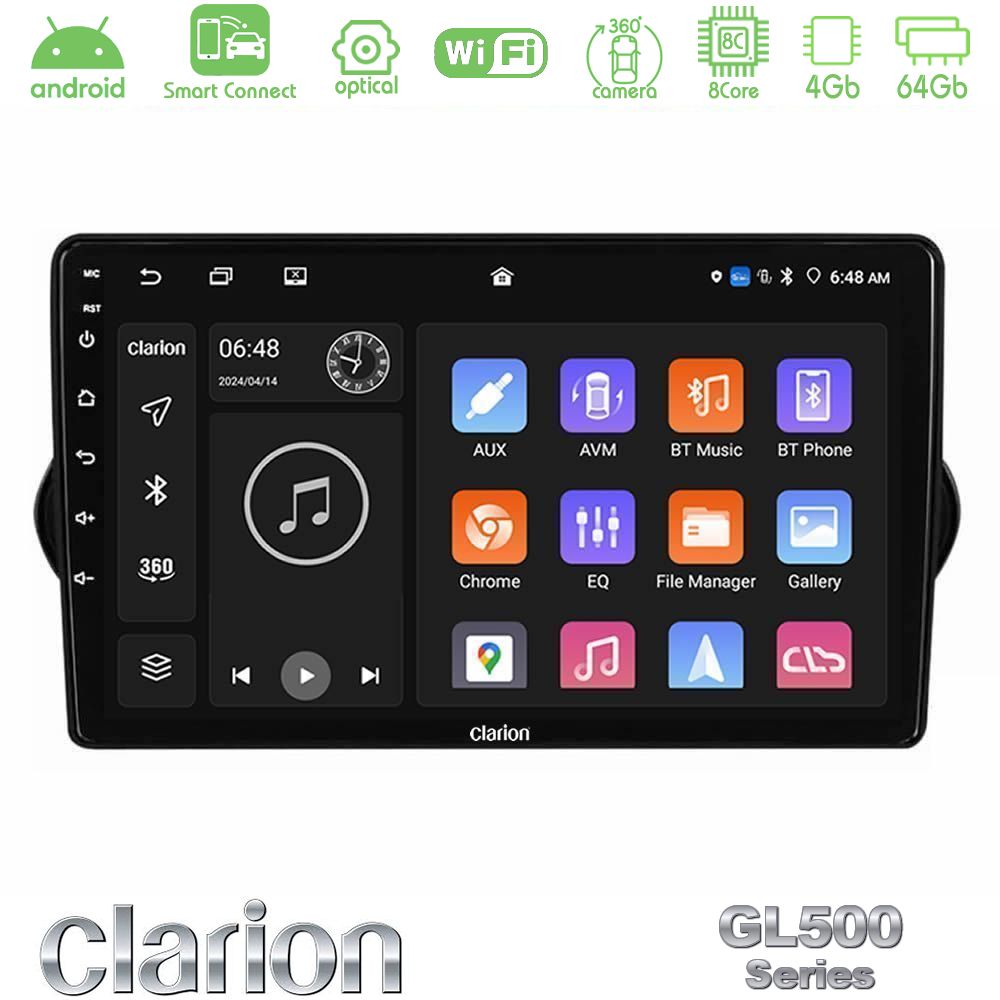 Clarion GL500 Series 8Core Android ClarionOS 4+64GB Fiat Tipo 2015-2022 (Hatchback) Navigation Multimedia Tablet 9"