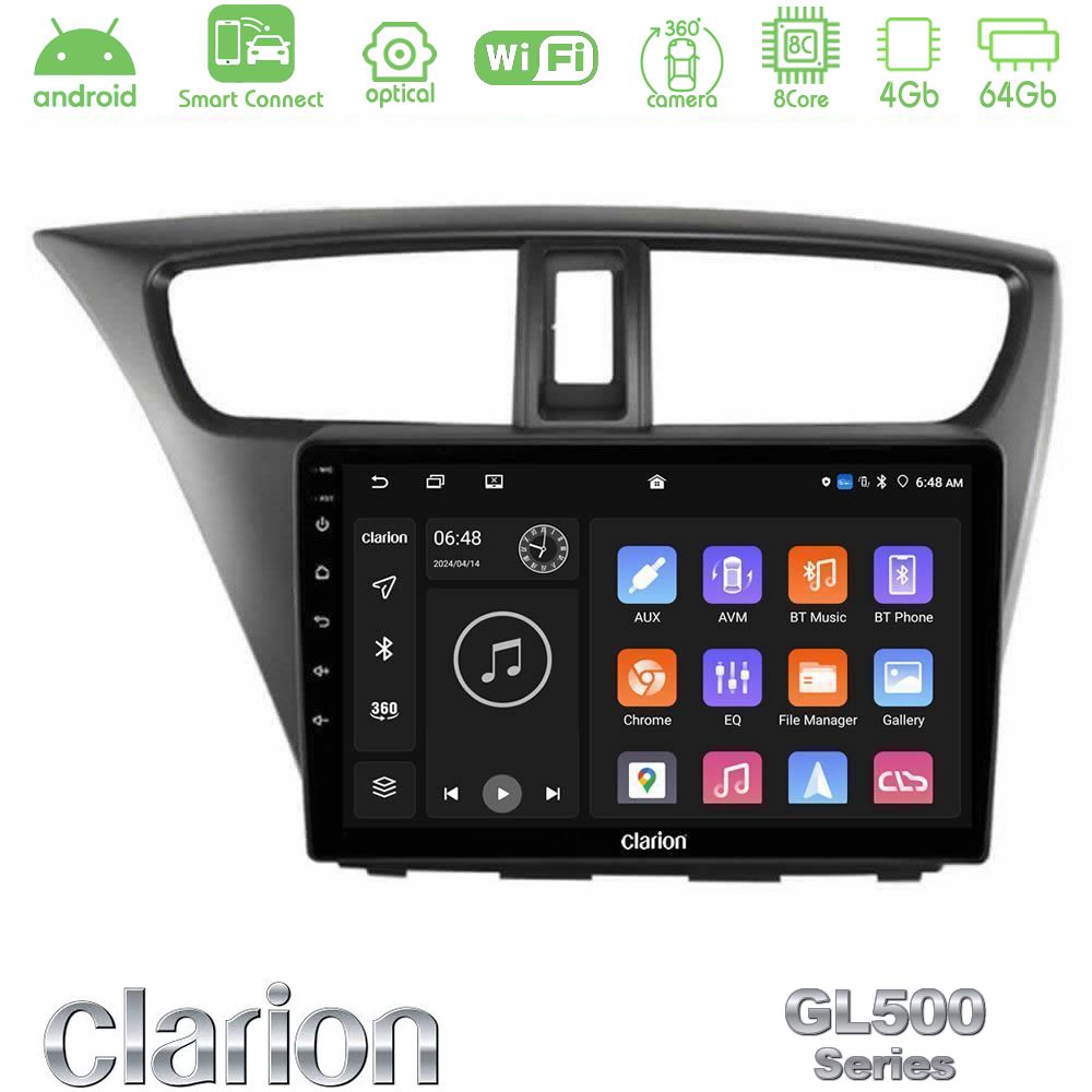 Clarion GL500 Series 8Core Android ClarionOS 4+64GB Honda Civic Hatchback 2012-2015 Navigation Multimedia Tablet 9"
