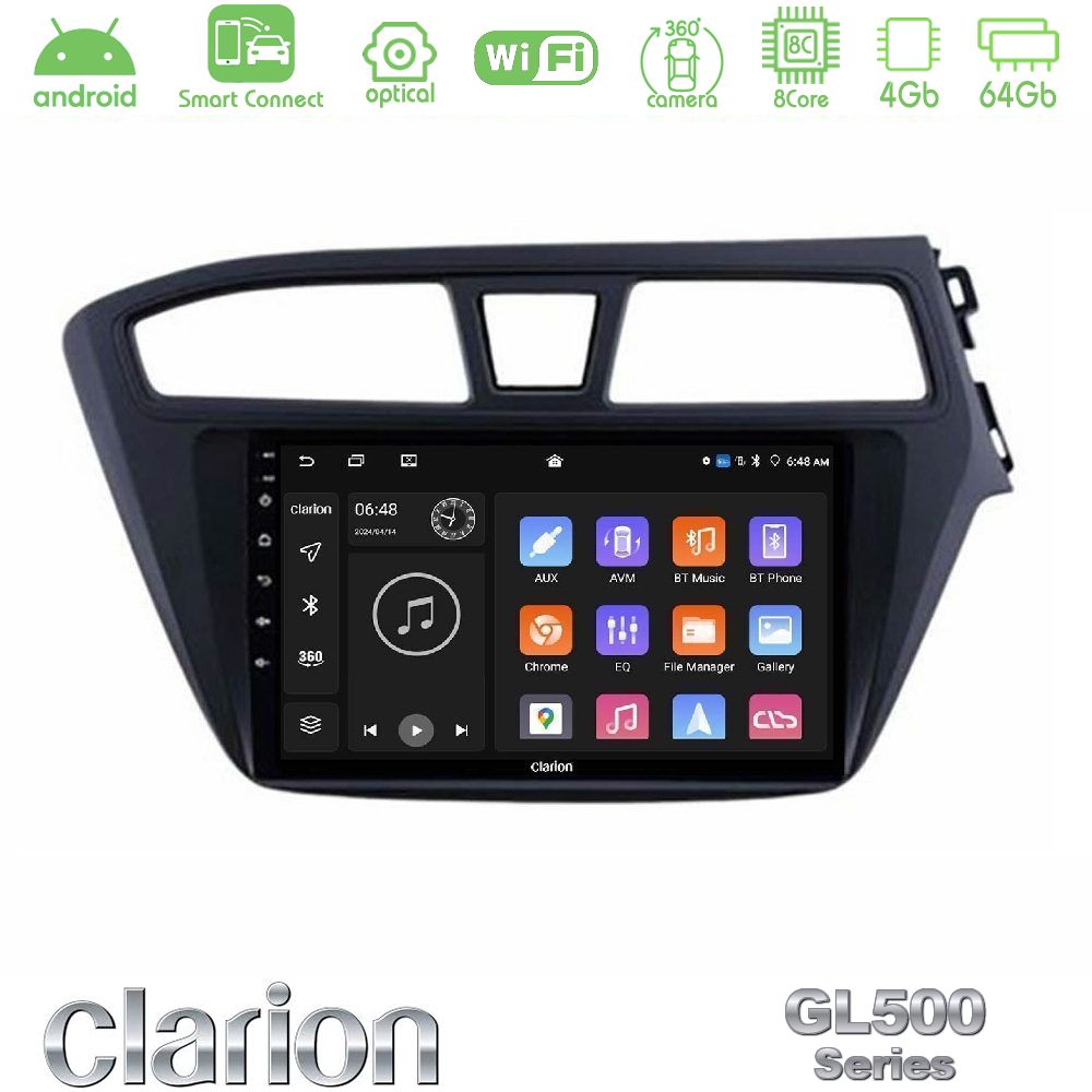 Clarion GL500 Series 8Core Android ClarionOS 4+64GB Hyundai i20 2014-2018 RHD Navigation Multimedia Tablet 9"