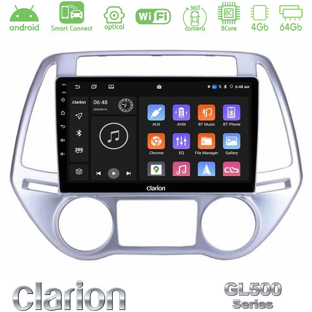 Clarion GL500 Series 8Core Android ClarionOS 4+64GB Hyundai i20 2012-2014 Navigation Multimedia Tablet 9"