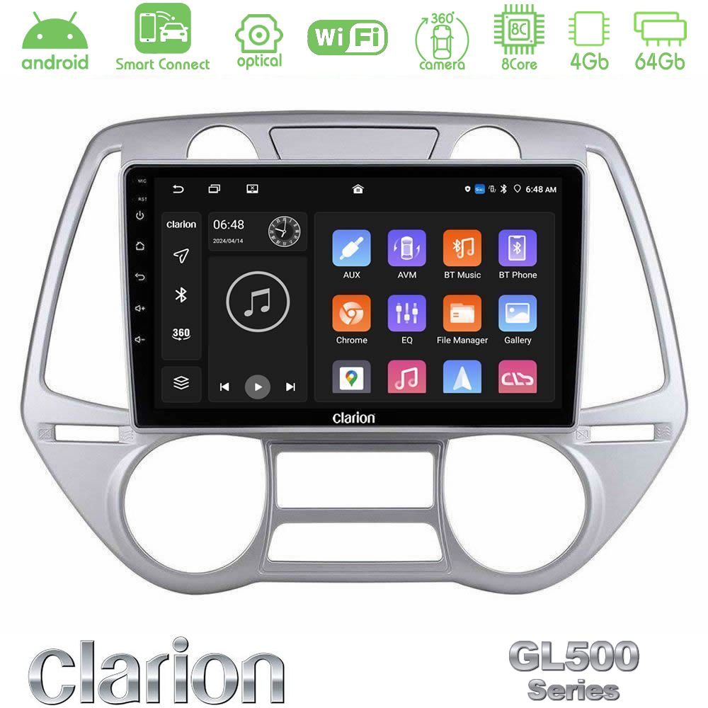 Clarion GL500 Series 8Core Android ClarionOS 4+64GB Hyundai i20 2009-2012 Auto A/C Navigation Multimedia Tablet 9"