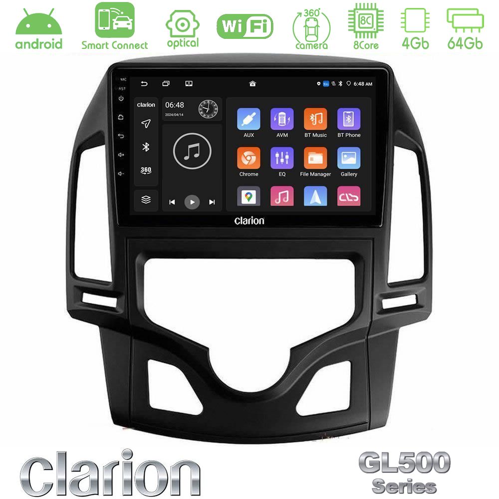 Clarion GL500 Series 8Core Android ClarionOS 4+64GB Hyundai i30 2007-2012 Auto A/C Navigation Multimedia Tablet 9"