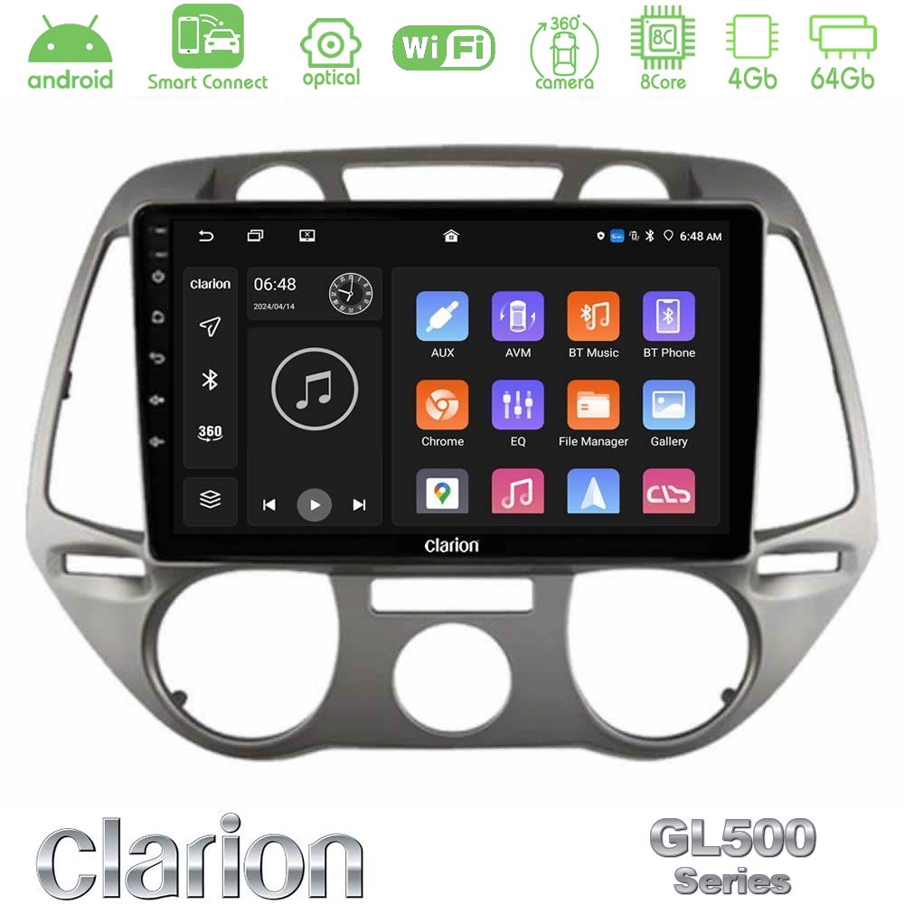Clarion GL500 Series 8Core Android ClarionOS 4+64GB Hyundai i20 2009-2012 Manual A/C Navigation Multimedia Tablet 9"