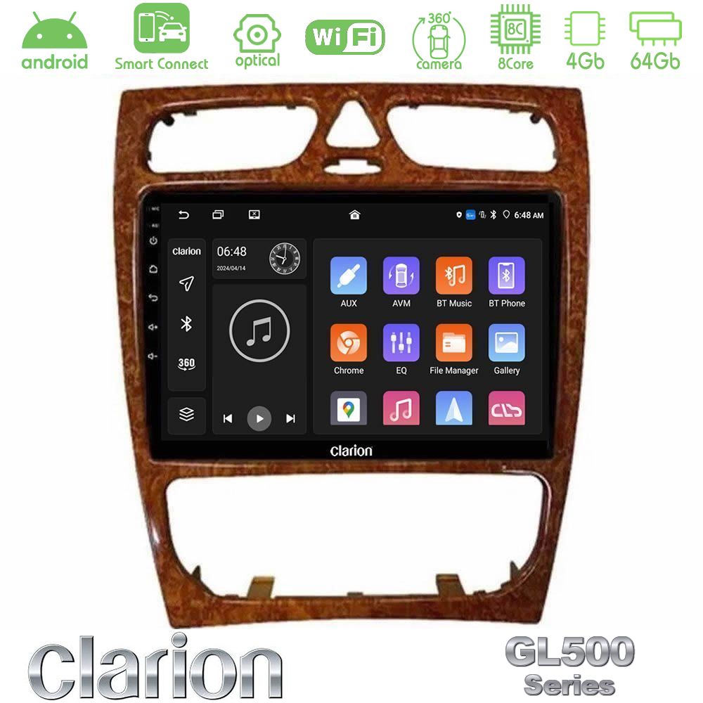 Clarion GL500 Series 8Core Android ClarionOS 4+64GB Mercedes C Class (W203) Navigation Multimedia Tablet 9" (Wooden Style)