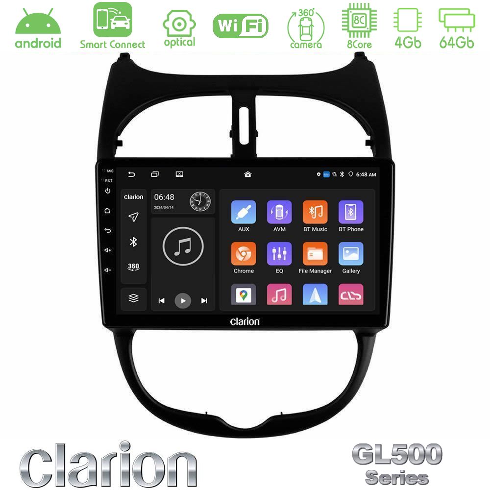 Clarion GL500 Series 8Core Android ClarionOS 4+64GB Peugeot 206 Navigation Multimedia Tablet 9"