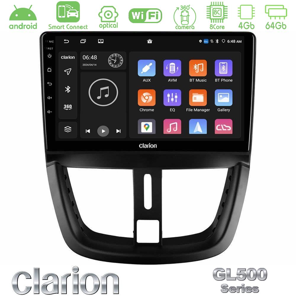 Clarion GL500 Series 8Core Android ClarionOS 4+64GB Peugeot 207 Navigation Multimedia Tablet 9"