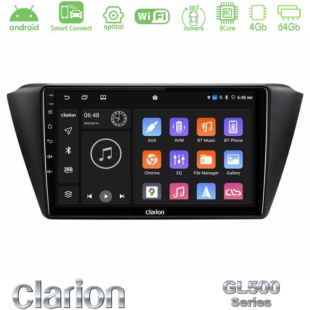 Clarion GL500 Series 8Core Android ClarionOS 4+64GB Skoda Fabia 2015-2021 Navigation Multimedia Tablet 9"