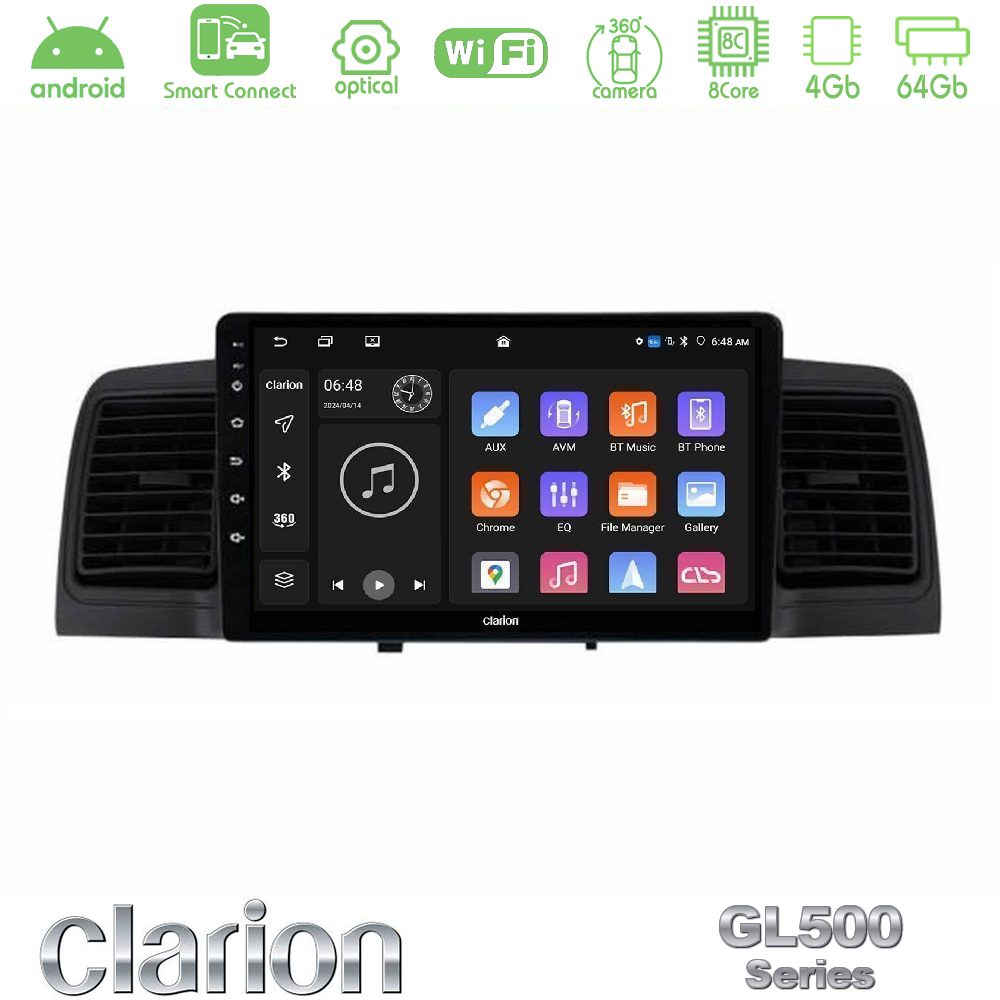Clarion GL500 Series 8Core Android ClarionOS 4+64GB Toyota Corolla 2002-2006 Navigation Multimedia Tablet 9" (Black)