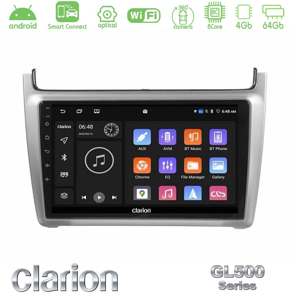 Clarion GL500 Series 8Core Android ClarionOS 4+64GB Vw Polo 2014-2017 Navigation Multimedia Tablet 9" (Silver)