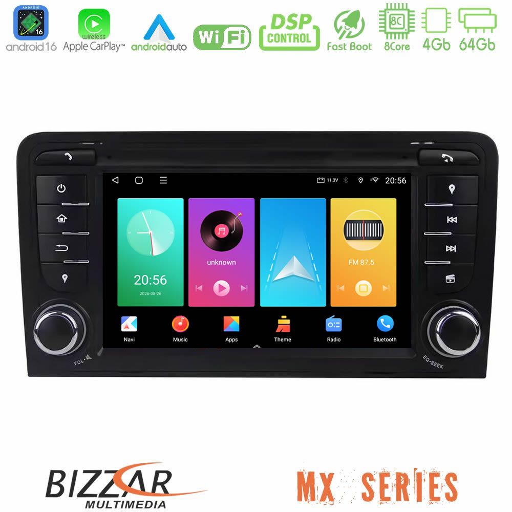 Bizzar MX Series Audi A3 8P 8core Android16 4+64GB Navigation Multimedia Deckless 7" με Carplay/AndroidAuto (OEM Style)