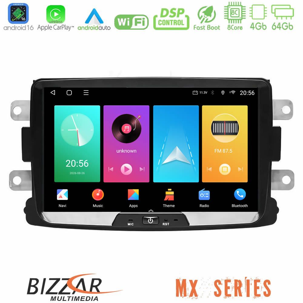 Bizzar MX Series Dacia/Renault 2012-> 8Core Android16 4+64GB Navigation Multimedia Tablet 7" Με Carplay & Android Auto (OEM Style)