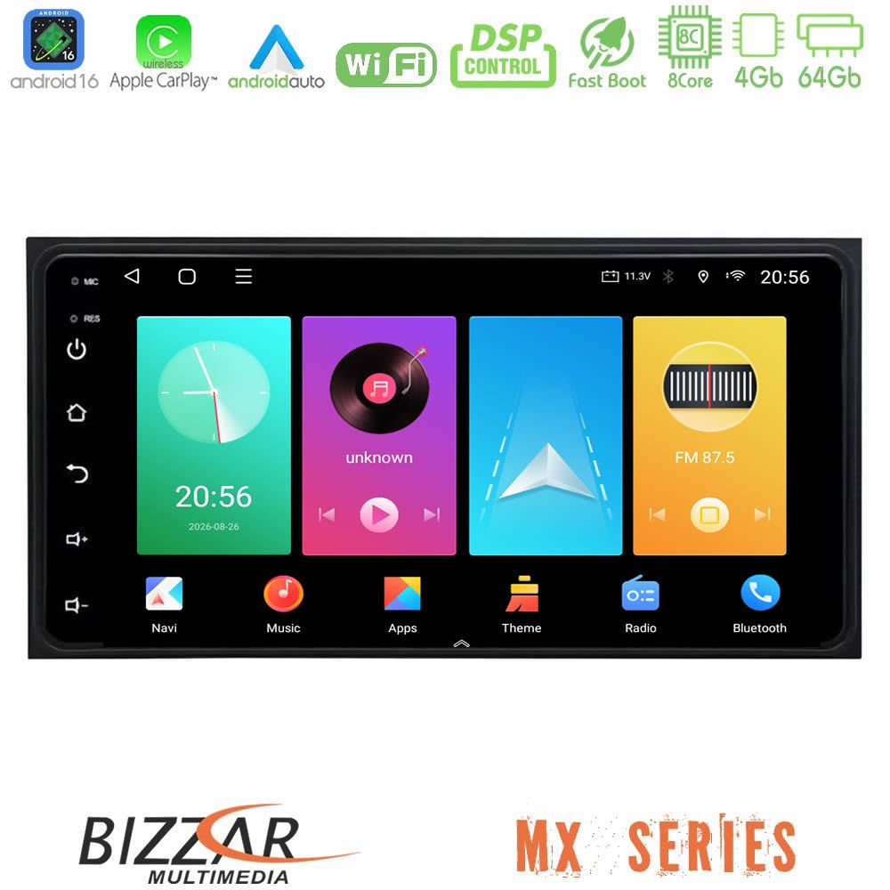 Bizzar MX Series Toyota Universal 8core Android16 4+64GB Navigation Multimedia Deckless 7" με Carplay/AndroidAuto (OEM Style)
