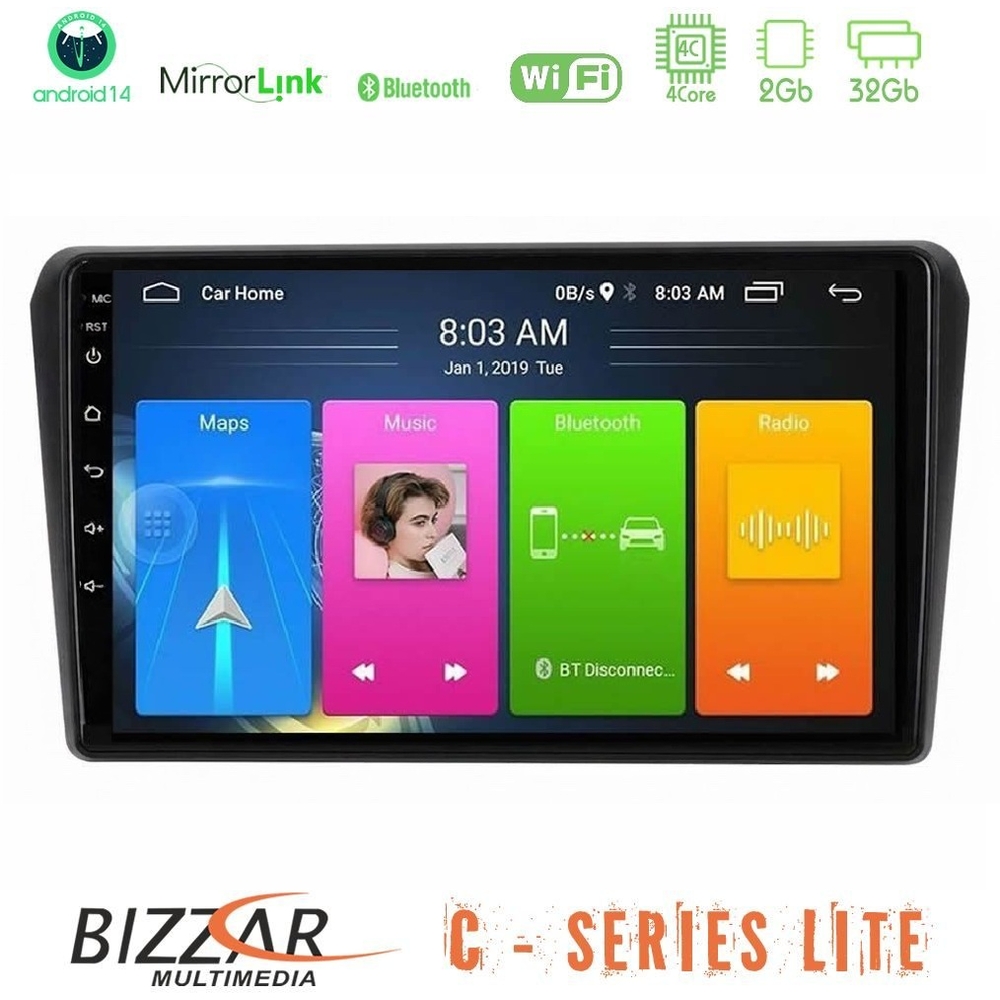 Bizzar C Series Lite 4Core Android14 2+32GB Toyota Avensis T25 02/2003–2008 Navigation Multimedia Tablet 9"