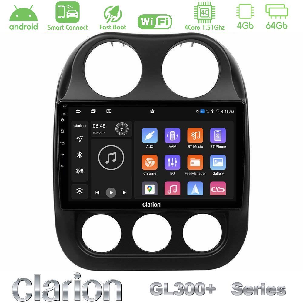 Clarion GL300+ Series 4Core Android ClarionOS 4+64GB  Jeep Compass 2012-2016 Navigation Multimedia Tablet 10"