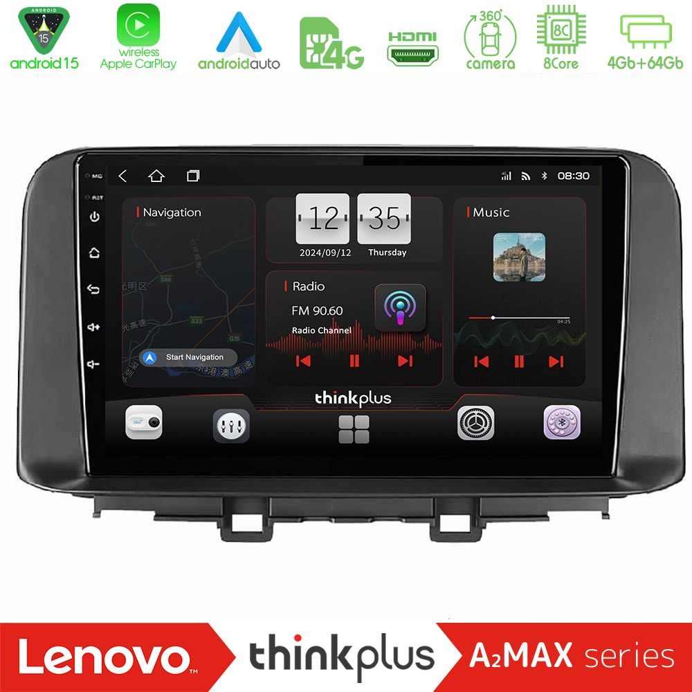 Lenovo Thinkplus A2MAX Series 8Core Android15 4+64GB Hyundai Kona 2018-2023 Navigation Multimedia Tablet 10"