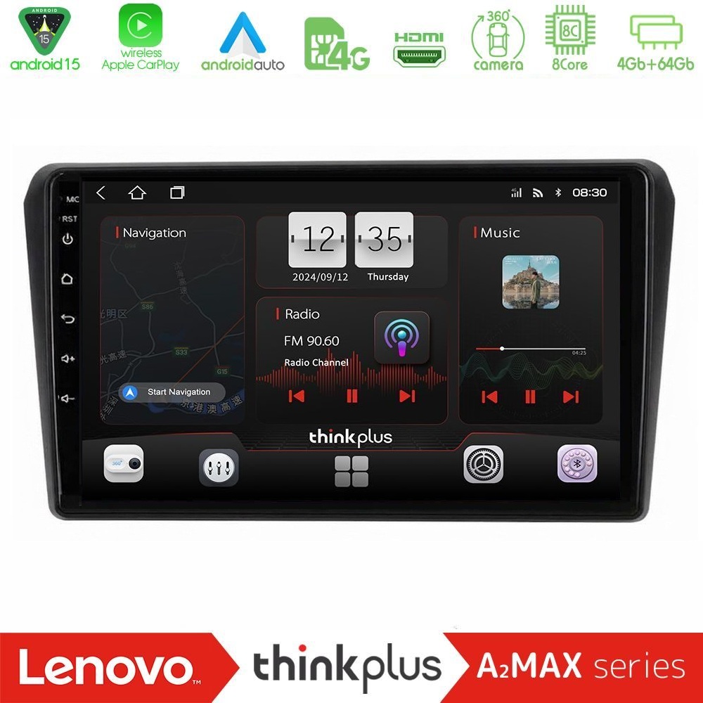 Lenovo Thinkplus A2MAX Series 8Core Android15 4+64GB  Toyota Avensis T25 02/2003–2008 Navigation Multimedia Tablet 9"